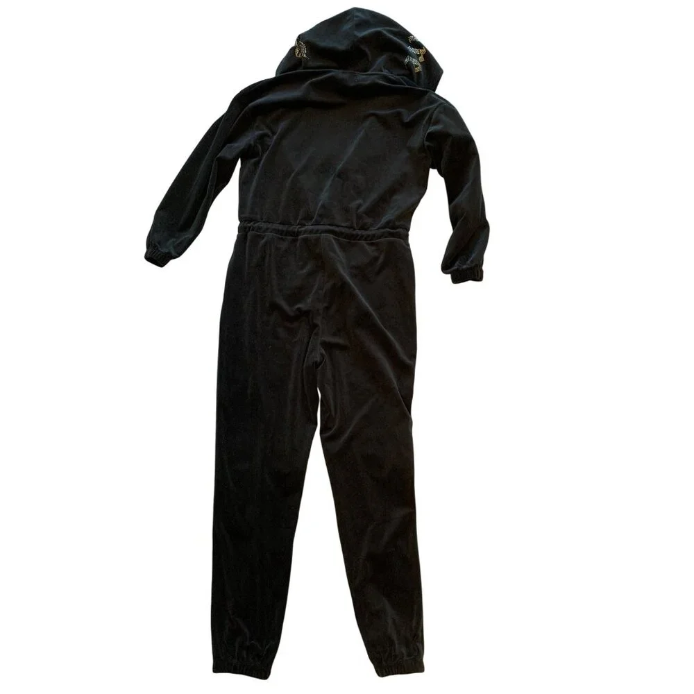 Juicy Couture L Black Velour Hooded Jumpsuit Drawstring Zipper Closure 8237 - Picture 8 of 13
